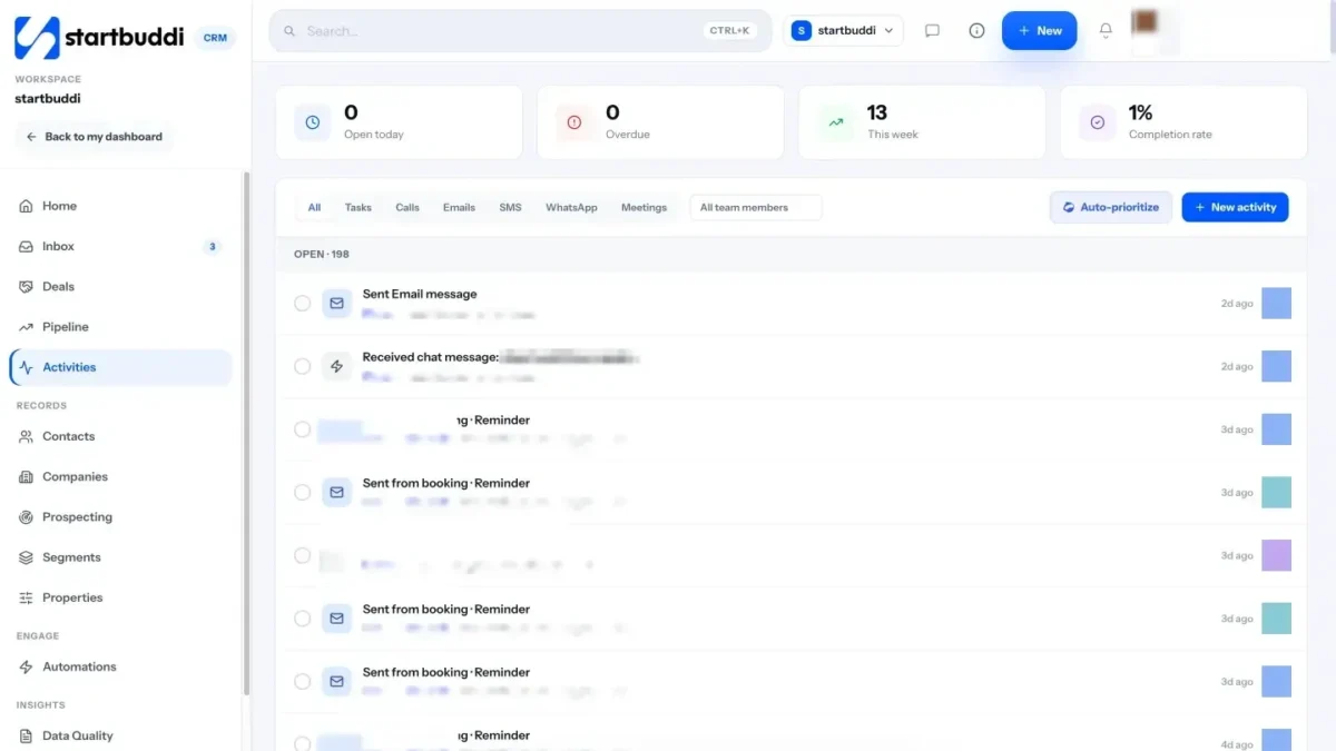 startbuddi app screen: Customers activities