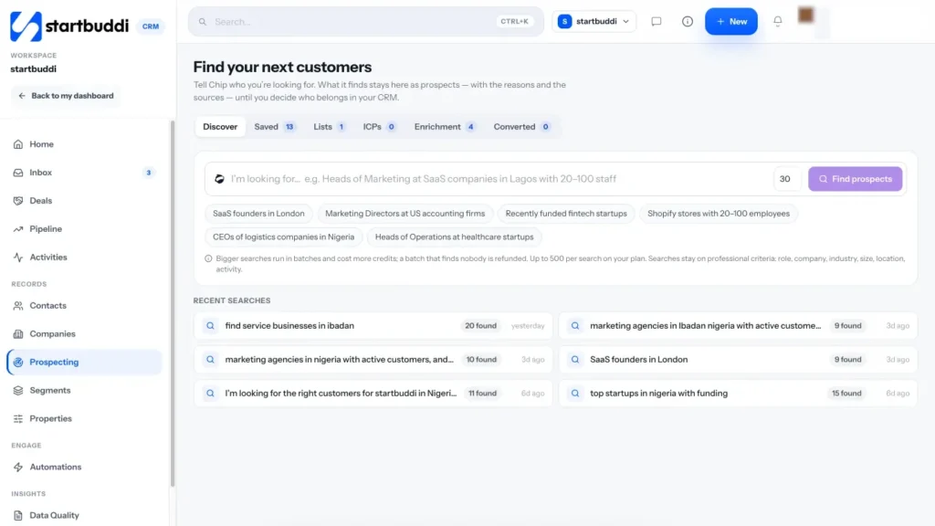 startbuddi app screen: Customers prospecting