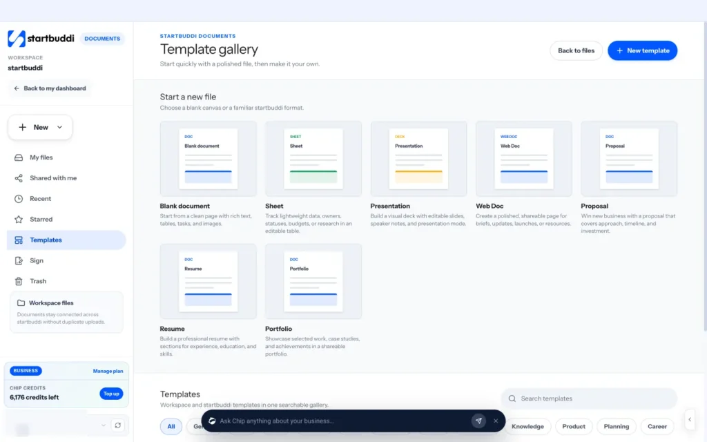 startbuddi app screen: Documents templates