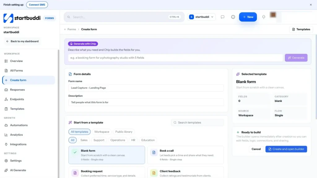 startbuddi app screen: Forms create