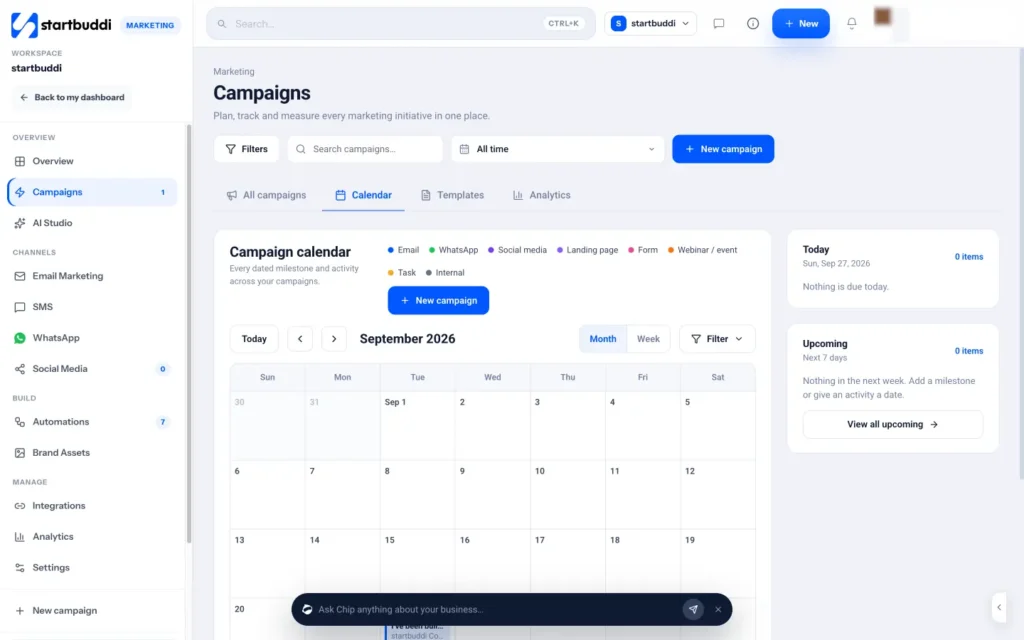 startbuddi app screen: Marketing campaigns calendar