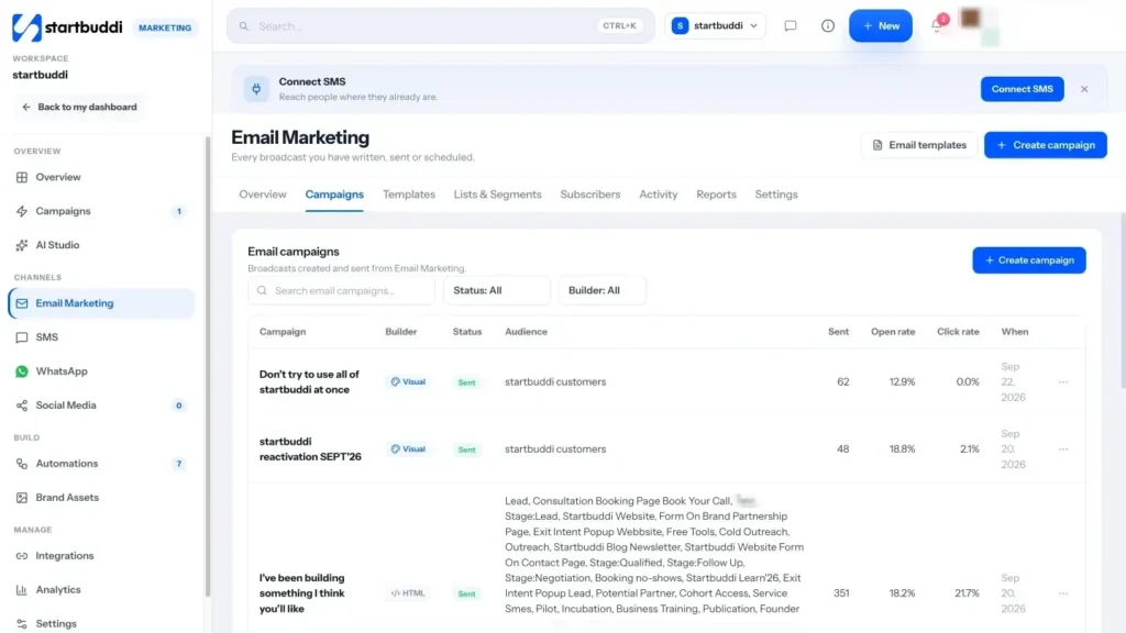 startbuddi app screen: Marketing email campaigns
