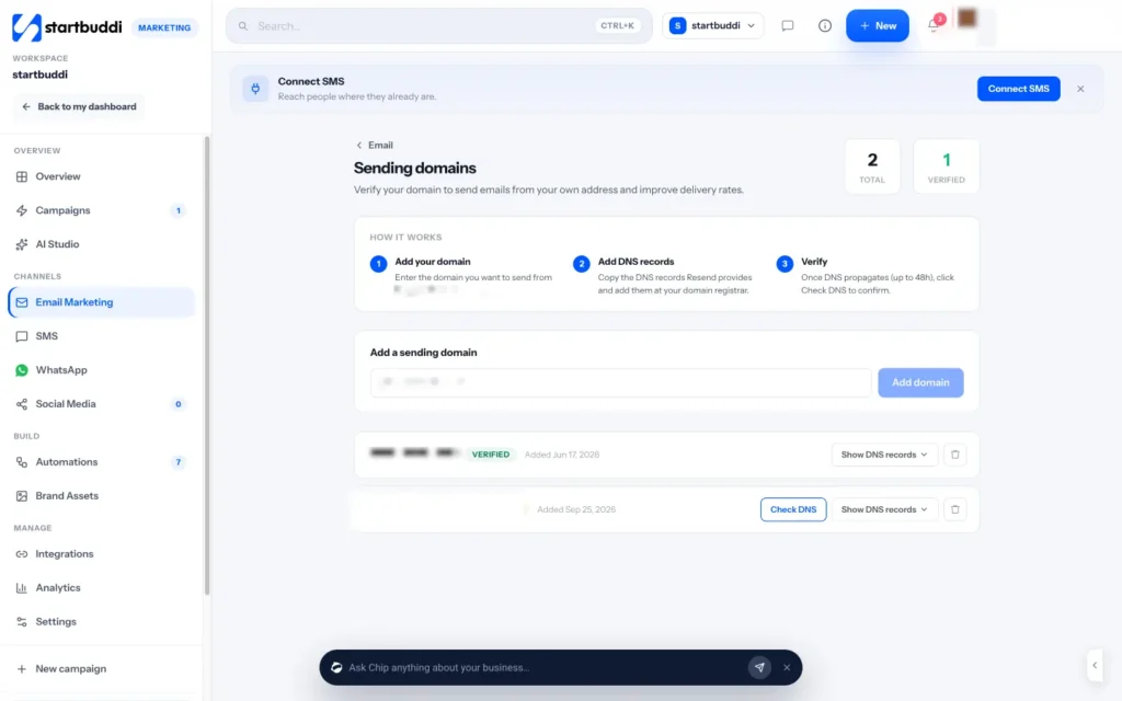startbuddi app screen: Marketing email sending domains