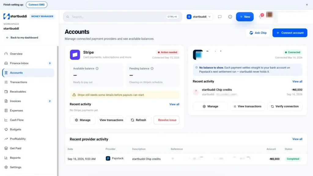 startbuddi app screen: Money accounts