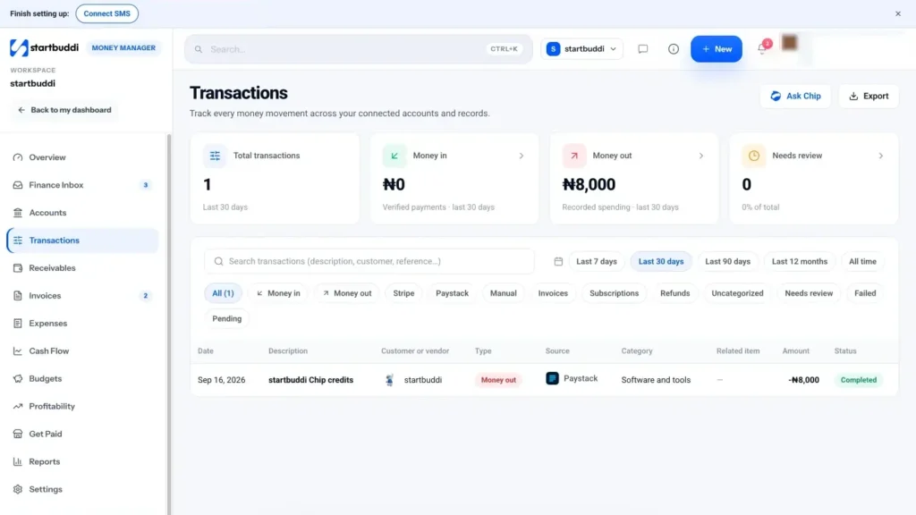 startbuddi app screen: Money transactions