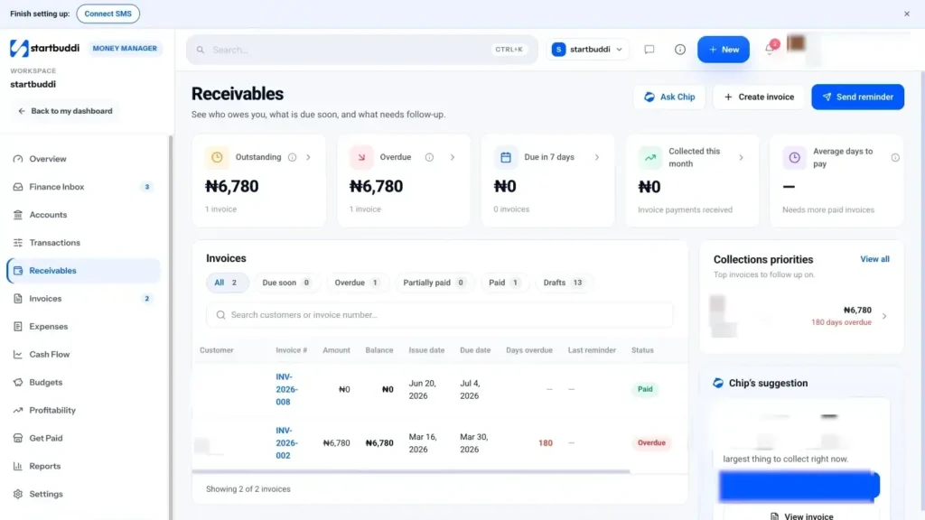 startbuddi app screen: Money receivables