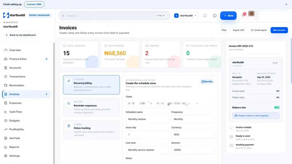 startbuddi app screen: Money invoices