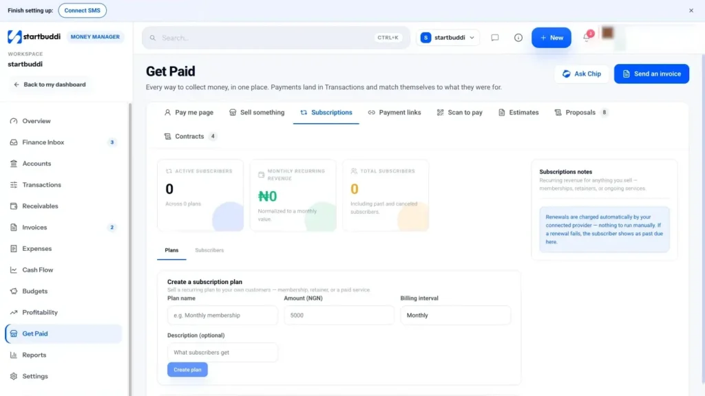 startbuddi app screen: Money subscriptions