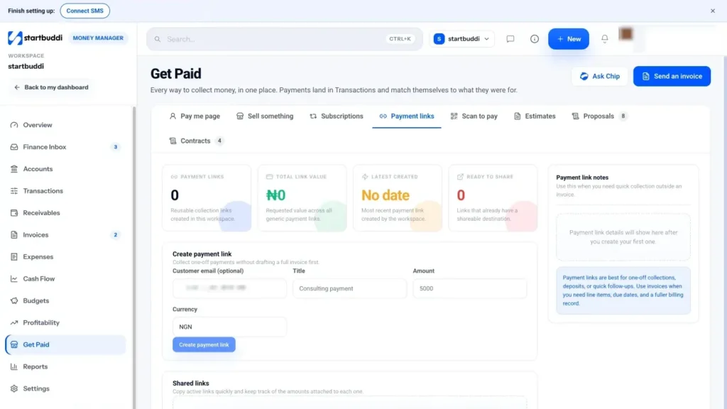startbuddi app screen: Money payment links