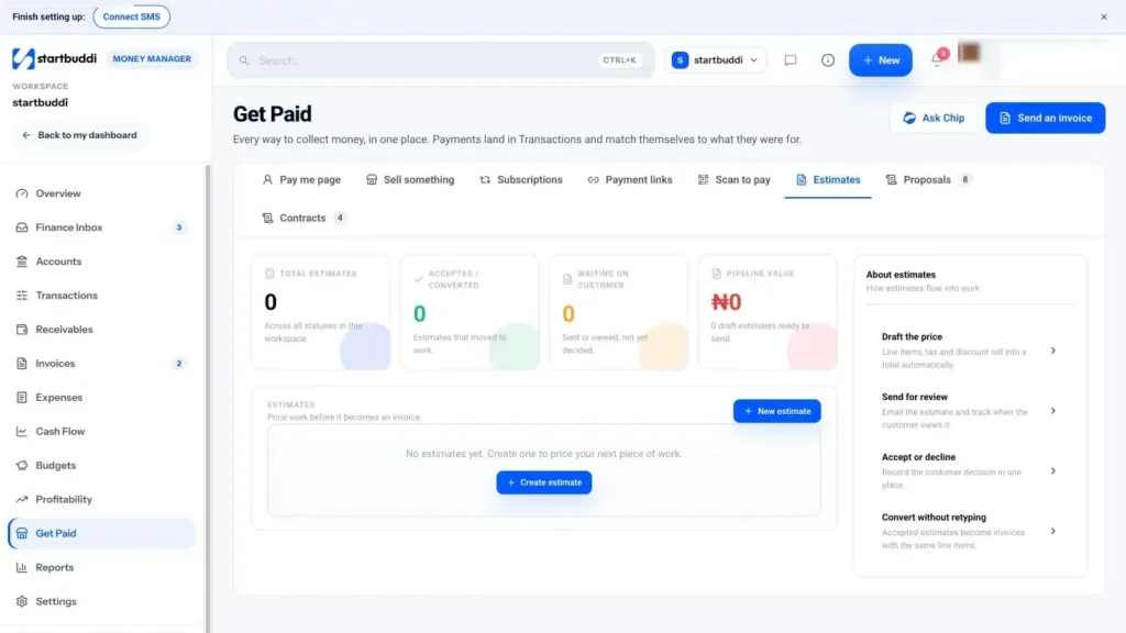 startbuddi app screen: Money estimates