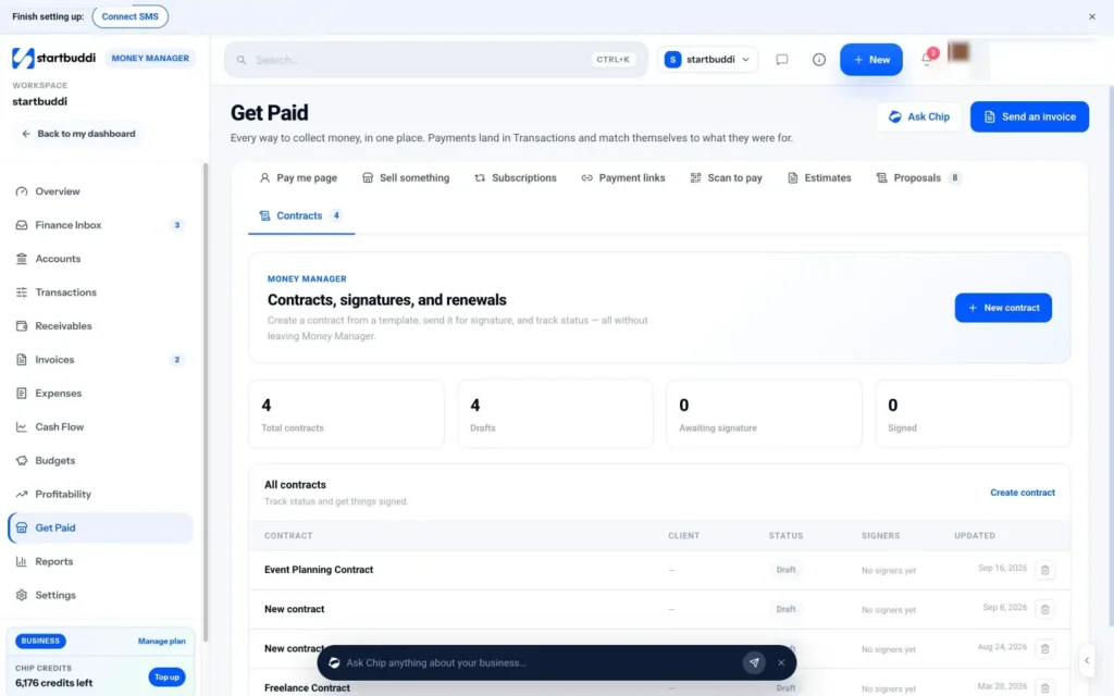 startbuddi app screen: Money contracts
