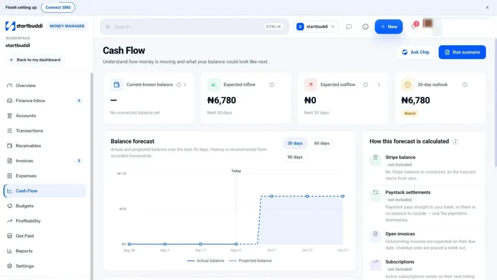 startbuddi app screen: Money cash flow