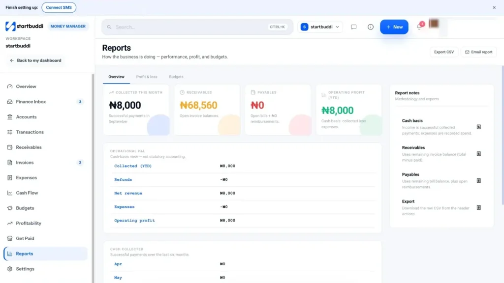 startbuddi app screen: Money reports