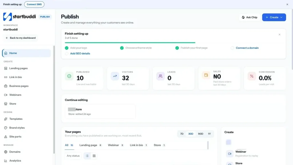 startbuddi app screen: Publish home