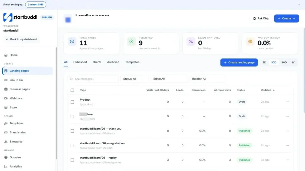 startbuddi app screen: Publish landing pages