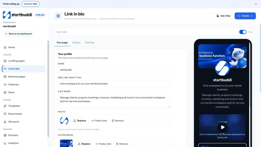 startbuddi app screen: Publish link in bio