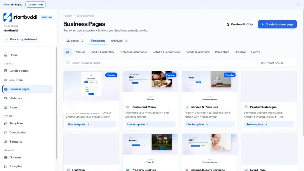 startbuddi app screen: Publish business pages