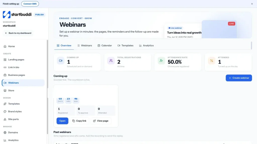 startbuddi app screen: Publish webinars