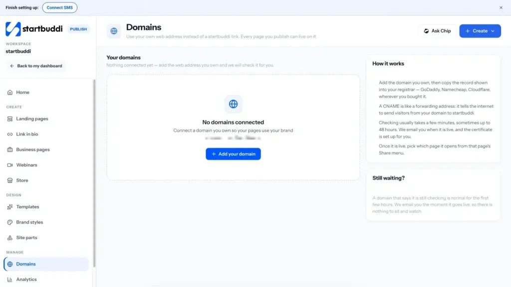 startbuddi app screen: Publish domains