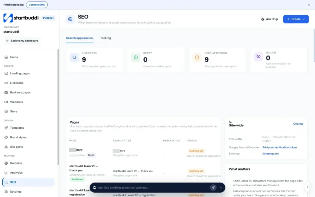 startbuddi app screen: Publish seo