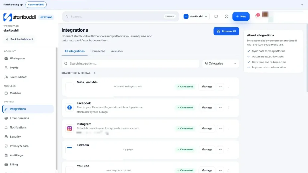 startbuddi app screen: Settings integrations