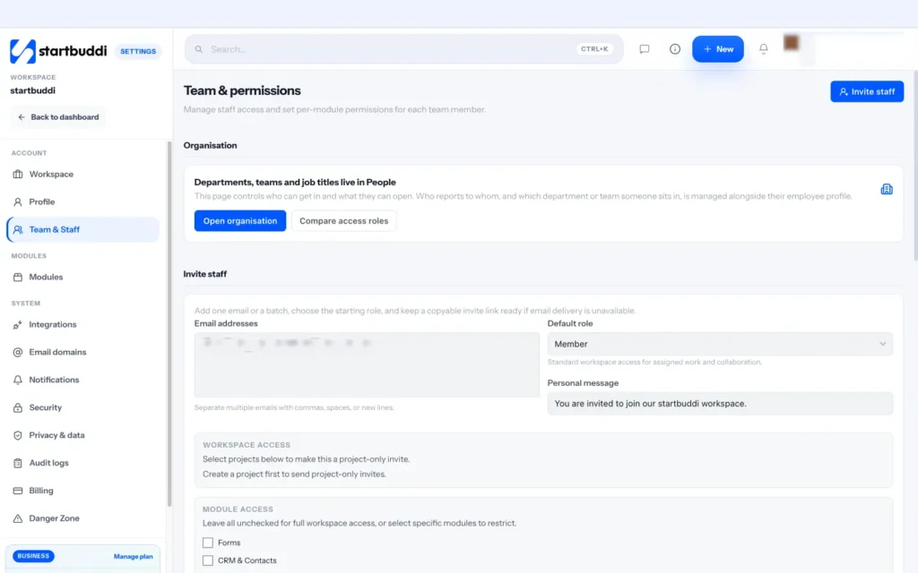 startbuddi app screen: Settings team