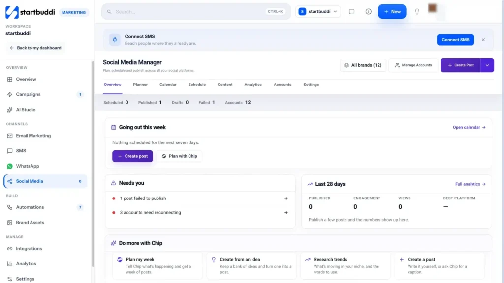 startbuddi app screen: Social overview