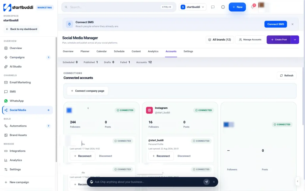 startbuddi app screen: Social accounts