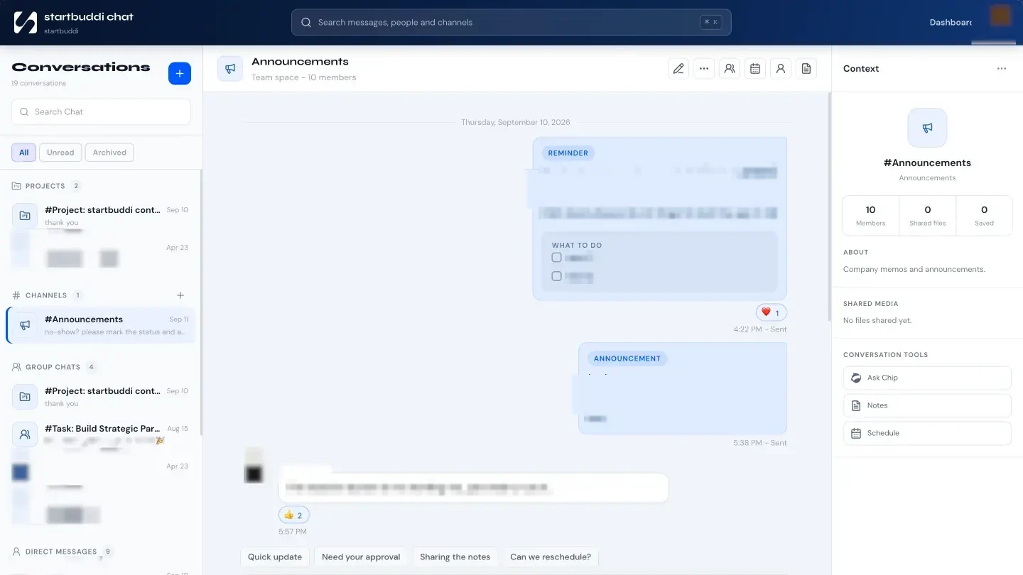 A channel in startbuddi Chat, where a drop-in call can start from the header