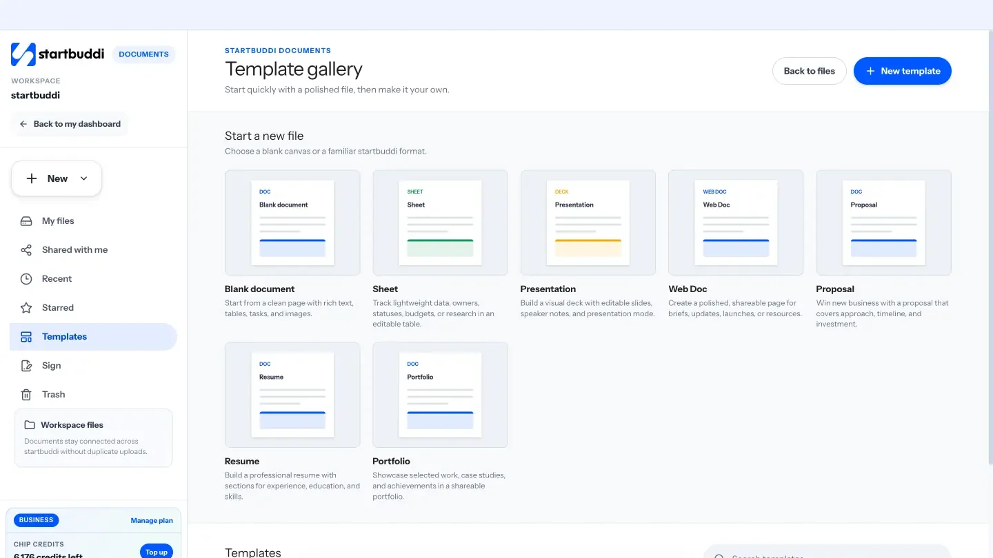 The Documents template gallery in startbuddi, with blank document, sheet and presentation formats