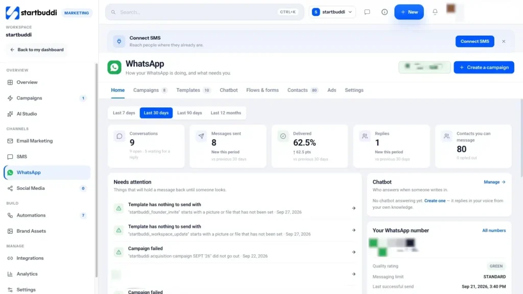 startbuddi app screen: Whatsapp home