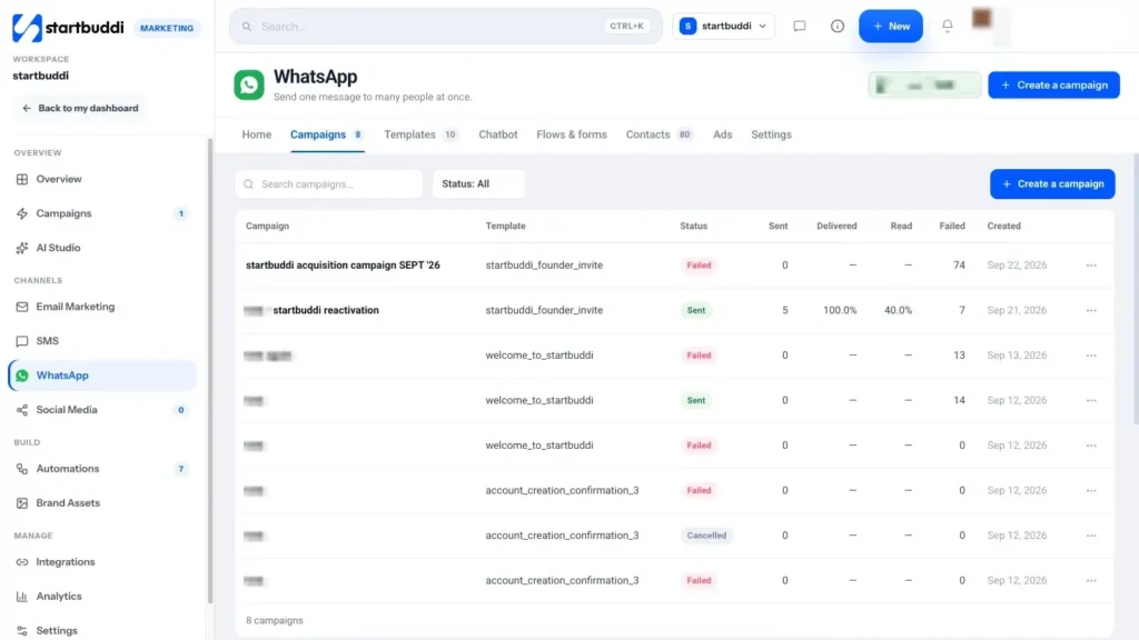 startbuddi app screen: Whatsapp campaigns
