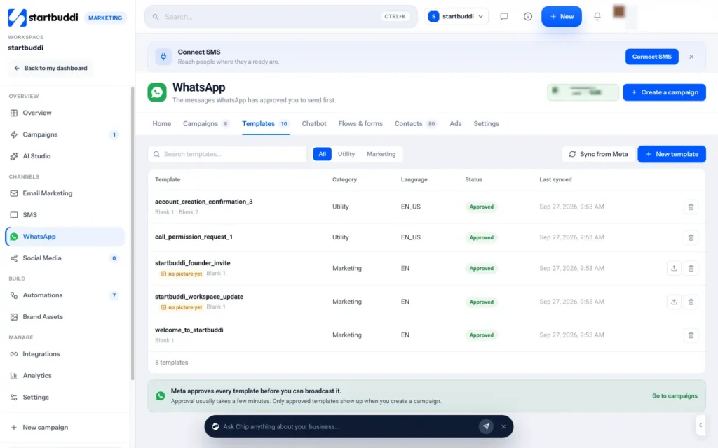 startbuddi app screen: Whatsapp templates