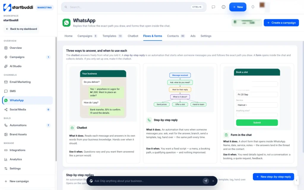 startbuddi app screen: Whatsapp flows