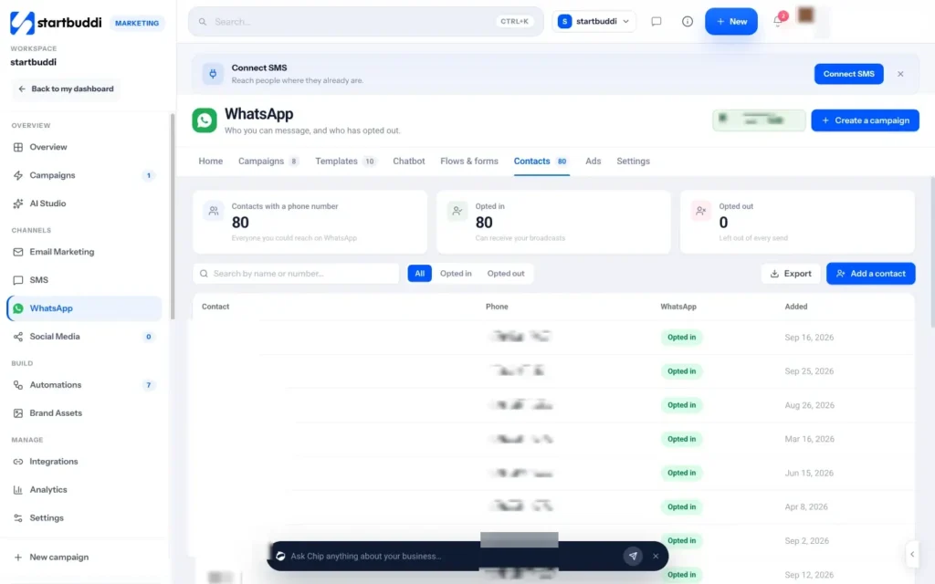 startbuddi app screen: Whatsapp contacts