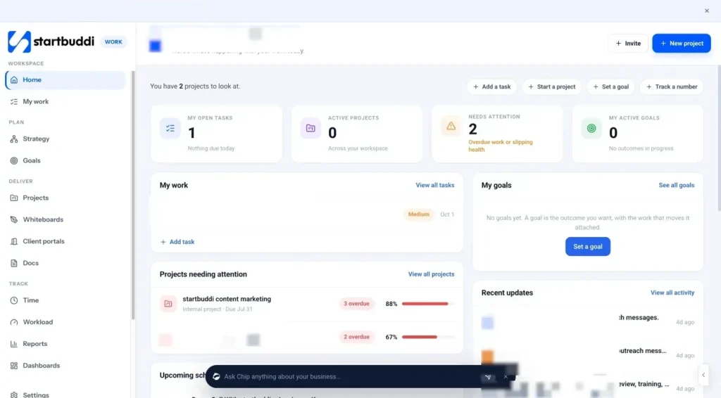 startbuddi app screen: Work overview