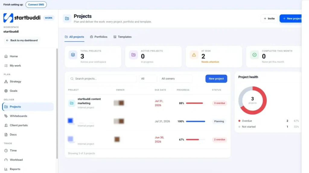 startbuddi app screen: Work projects