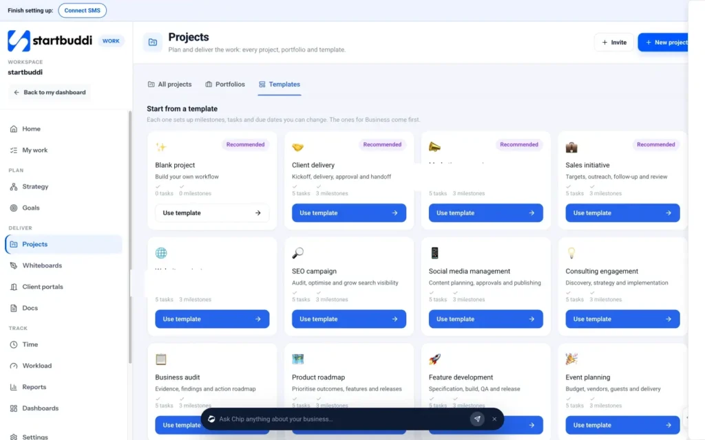 startbuddi app screen: Work project templates