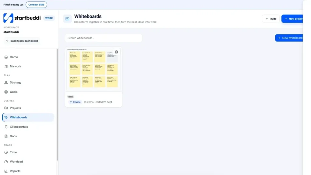 startbuddi app screen: Work whiteboards