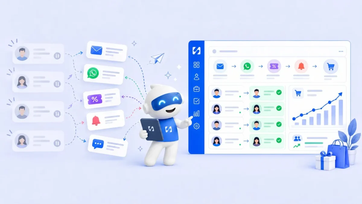 Chip sends email, WhatsApp, discount and reminder messages to lapsed customers who come back to buy again, illustrating how to win back customers who stopped buying